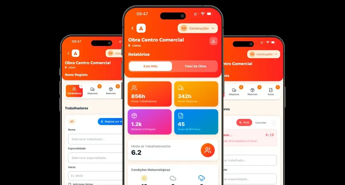 AOM - Plataforma de gestão de obra mostrando app mobile e dashboard web